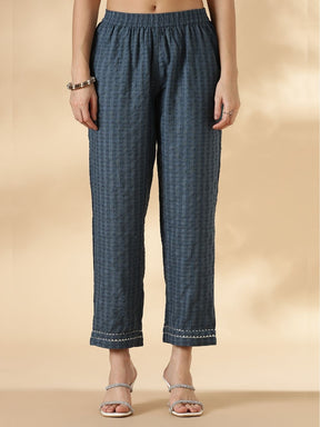 V Neck Textured Kurta pant set with delicate lace detailings