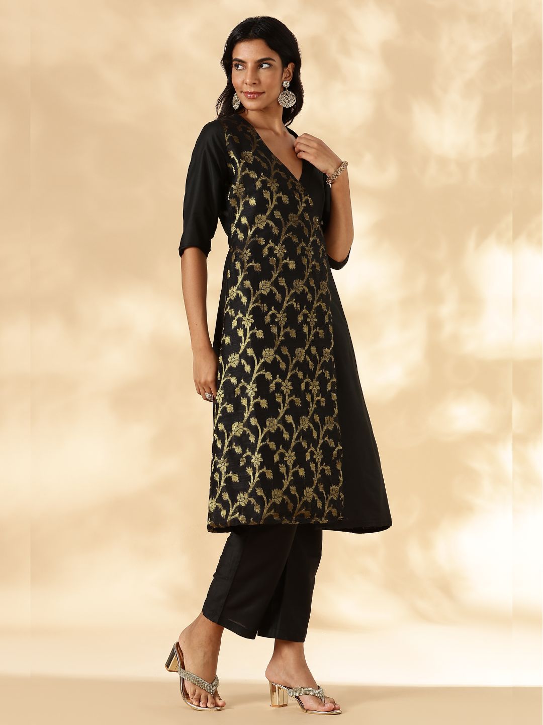 Black Brocade Angrakha Kurta and Pant Set
