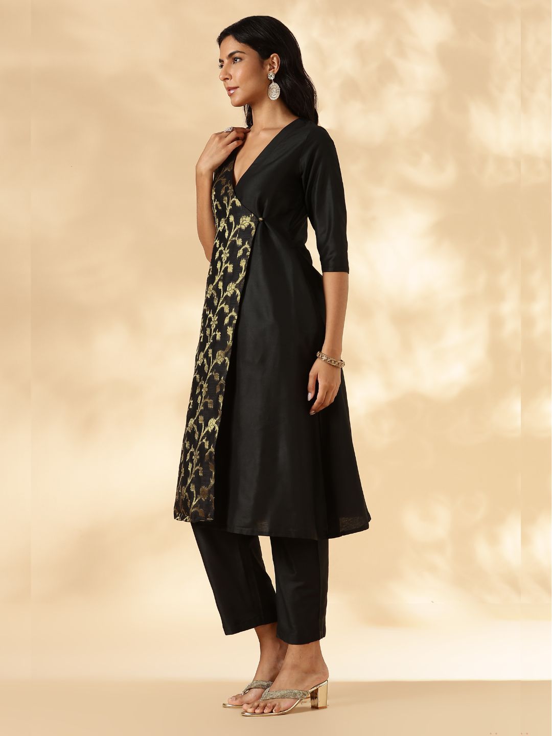 Black Brocade Angrakha Kurta and Pant Set