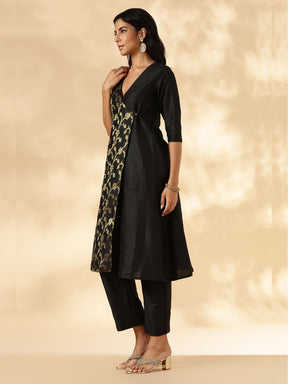 Black Brocade Angrakha Kurta and Pant Set