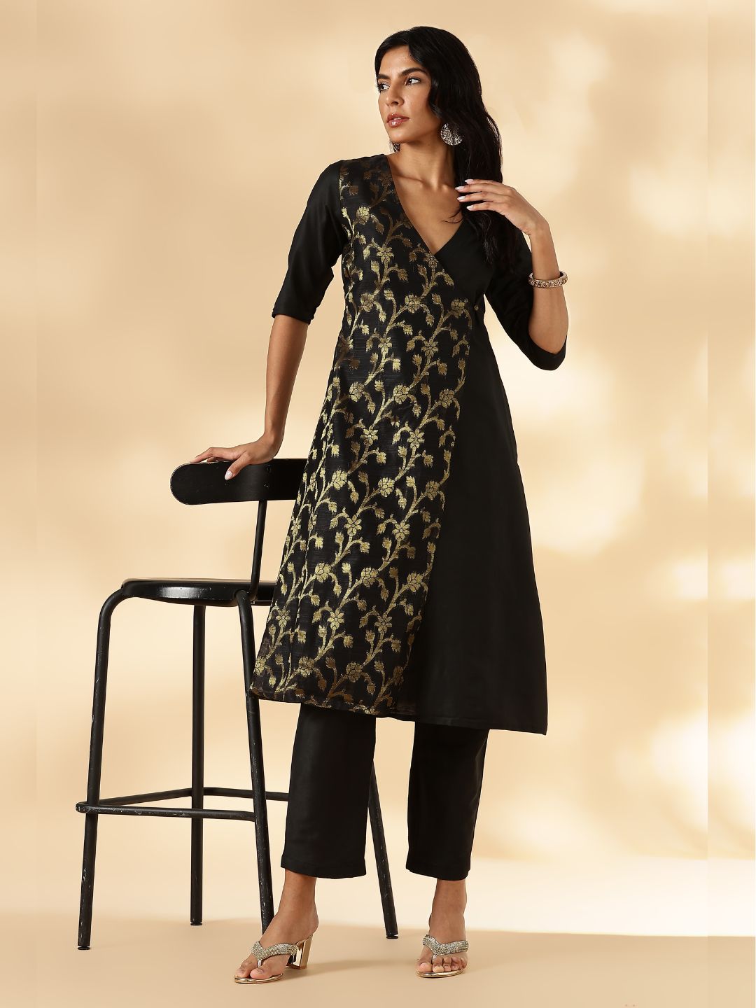 Black Brocade Angrakha Kurta and Pant Set