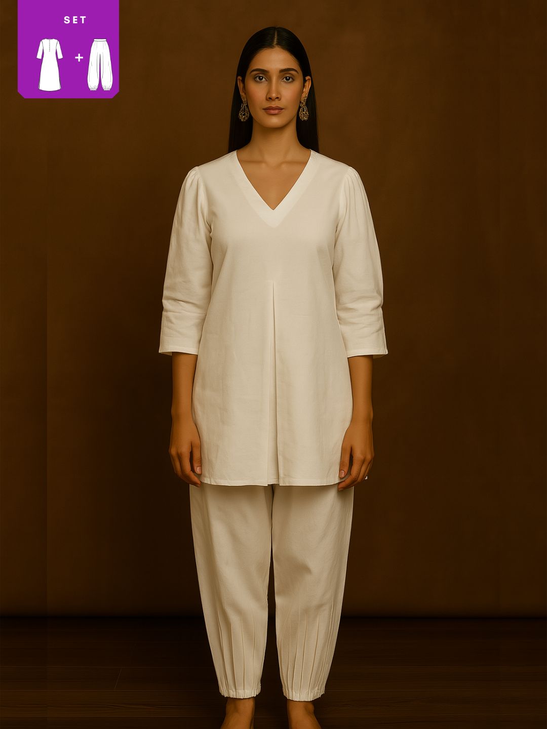 Box Pleat solid white Kurta with knife pleat salwar pants