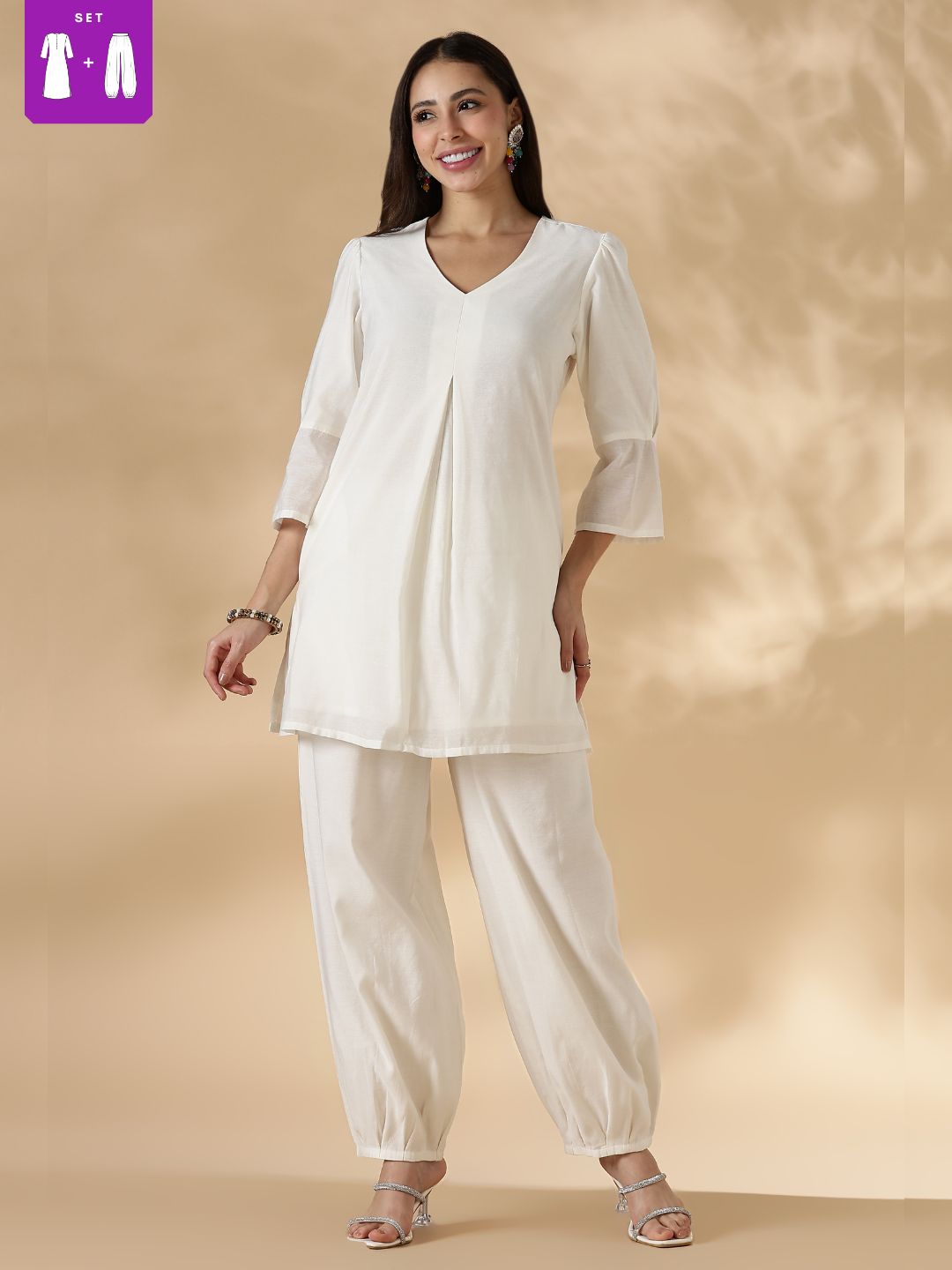 Box Pleat solid white Kurta with knife pleat salwar pants