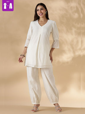 Box Pleat solid white Kurta with knife pleat salwar pants