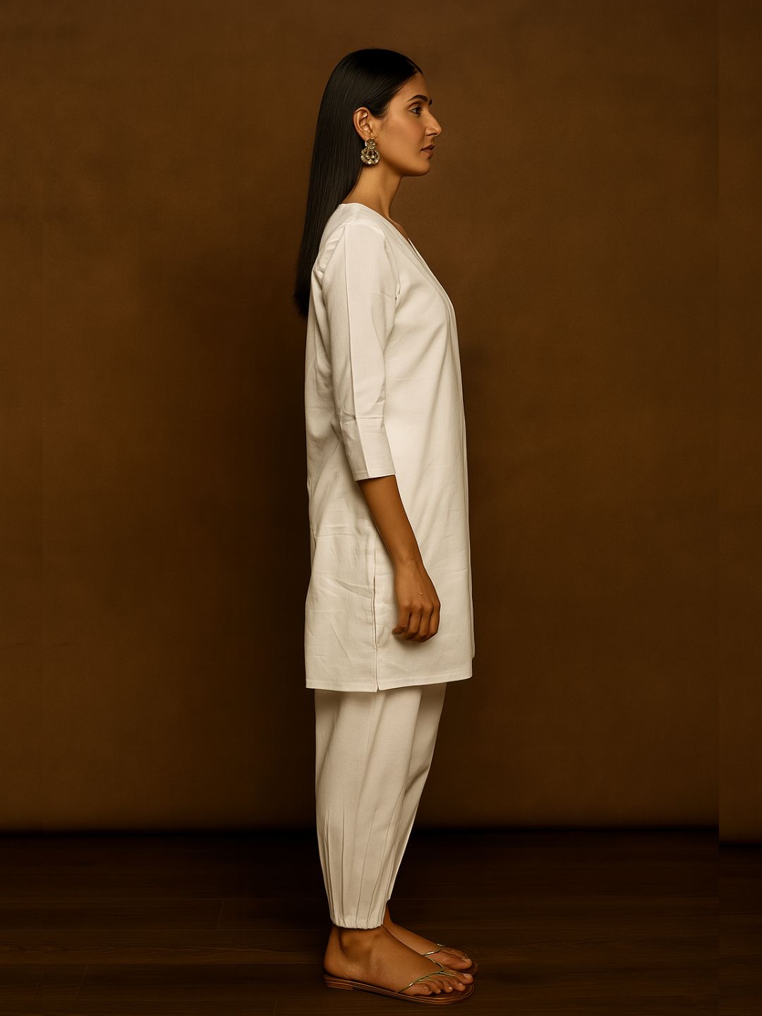 Box Pleat solid white Kurta with knife pleat salwar pants