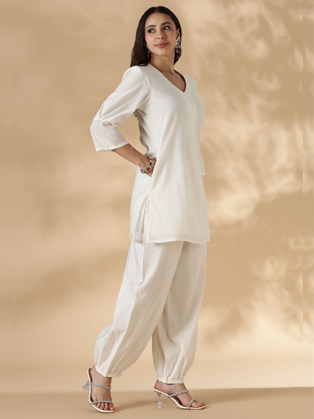 Box Pleat solid white Kurta with knife pleat salwar pants