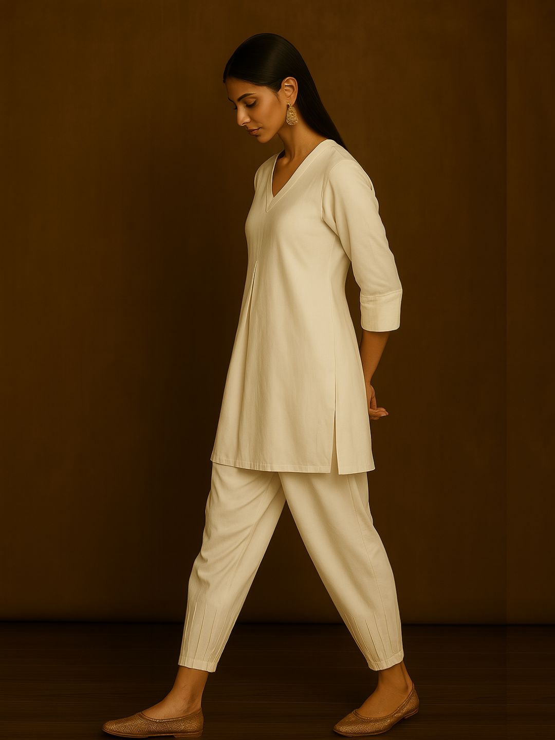 Box Pleat solid white Kurta with knife pleat salwar pants