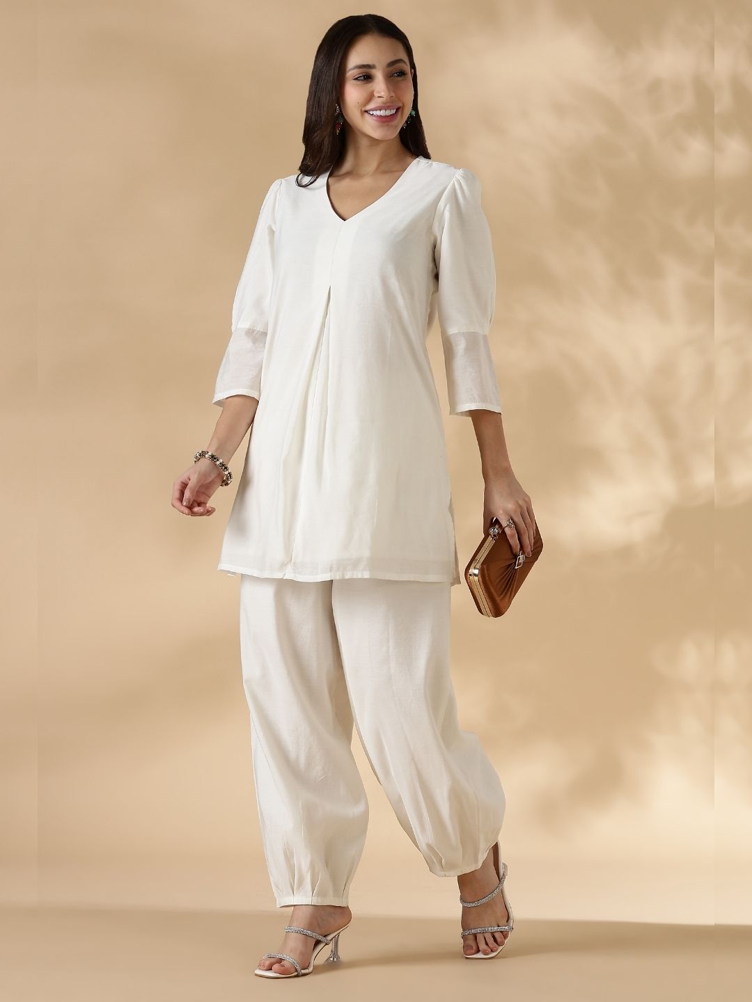 Box Pleat solid white Kurta with knife pleat salwar pants