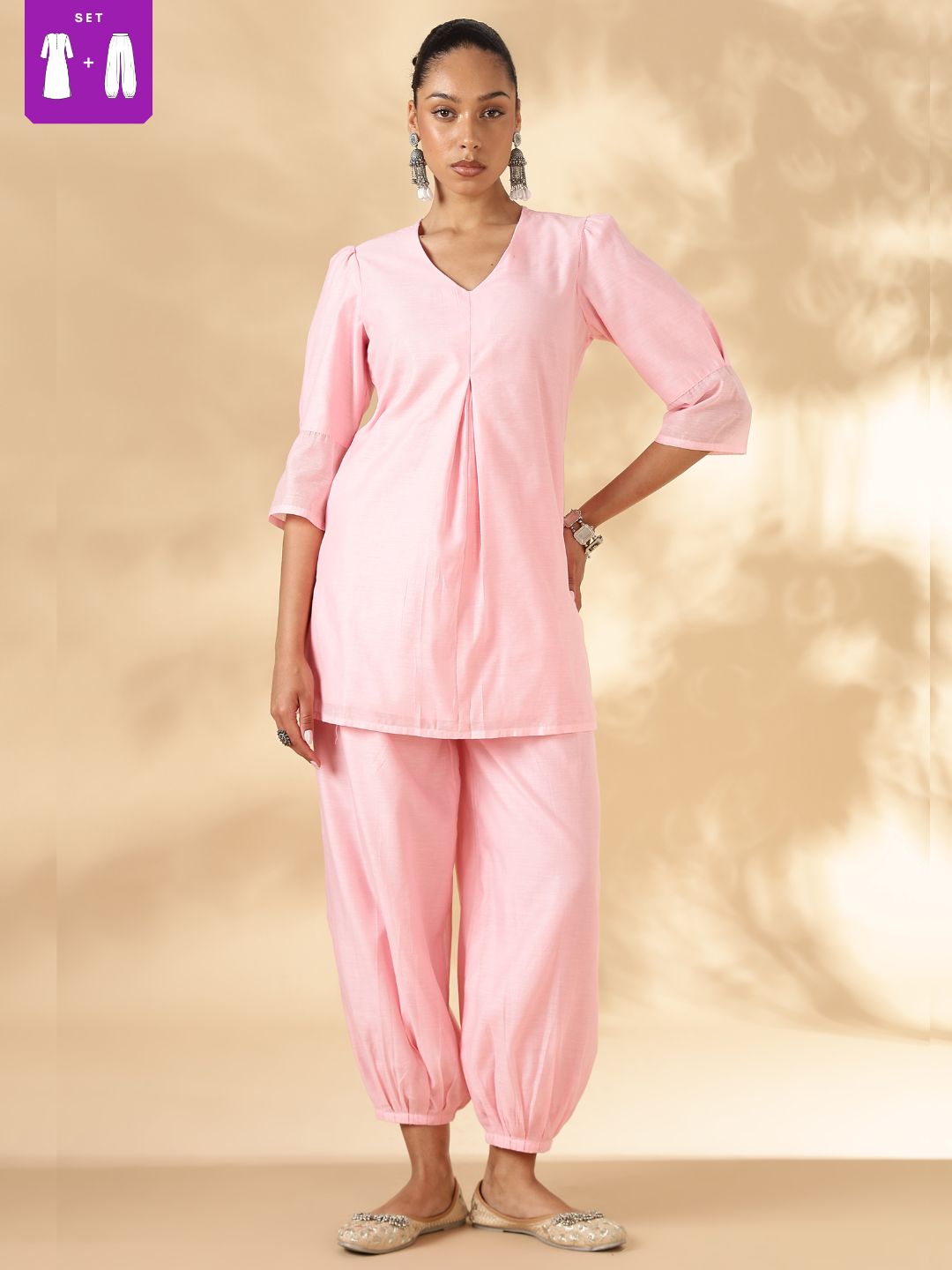 Box Pleat solid pink Kurta with knife pleat salwar pants