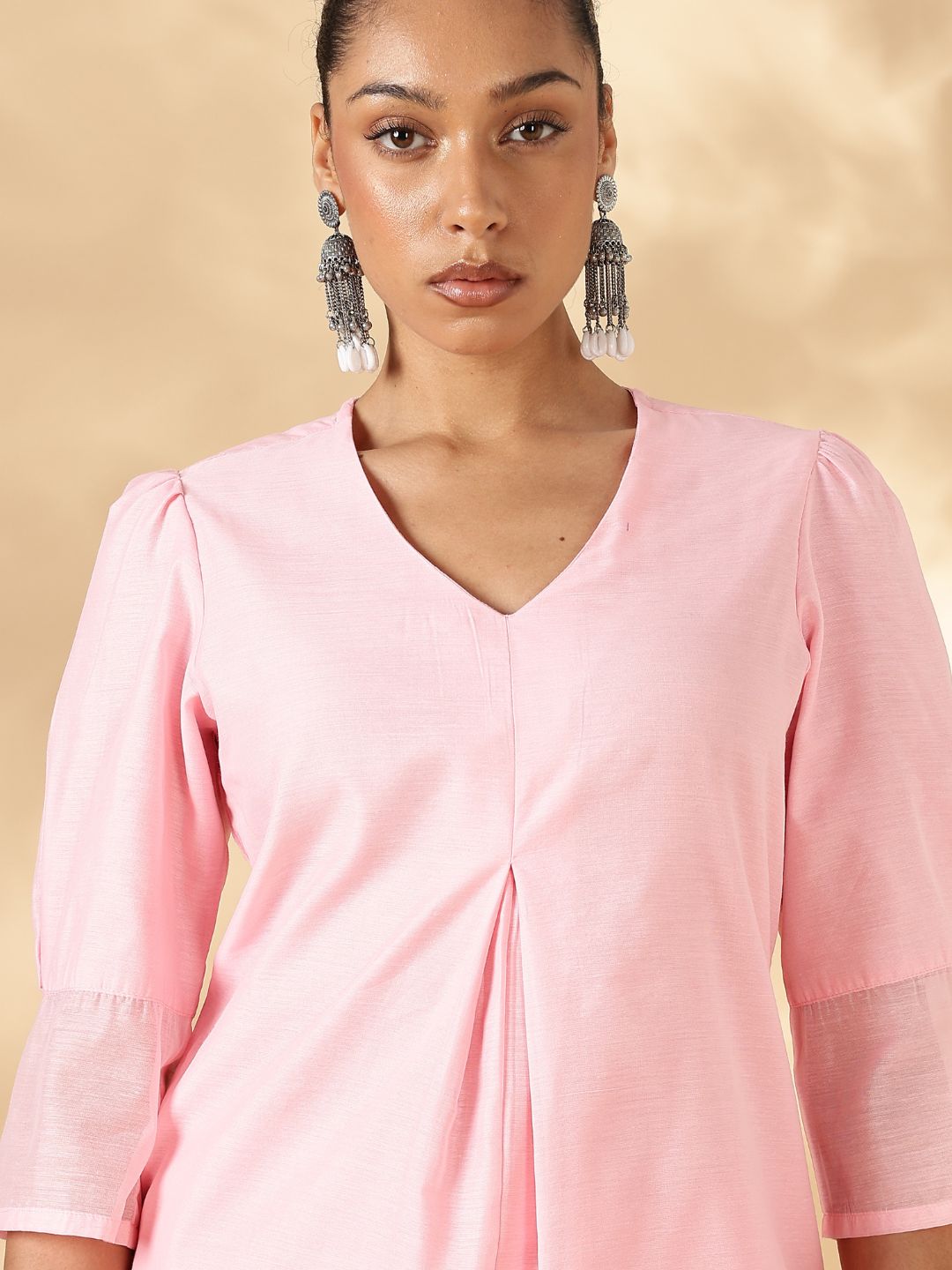 Box Pleat solid pink Kurta with knife pleat salwar pants