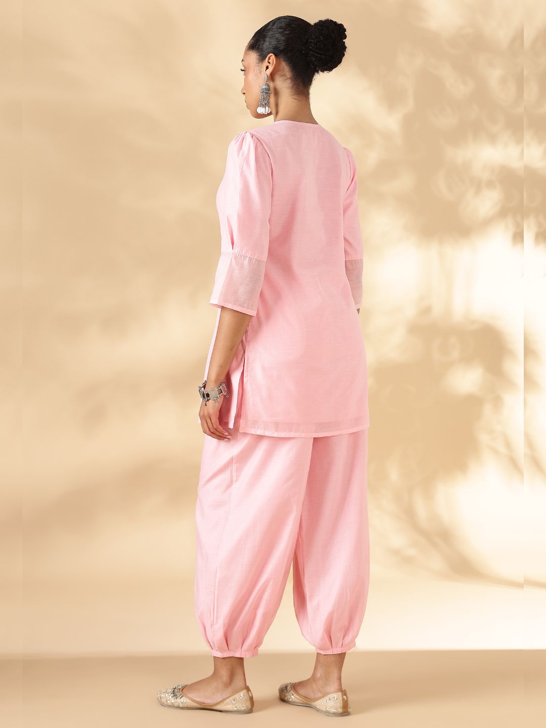 Box Pleat solid pink Kurta with knife pleat salwar pants