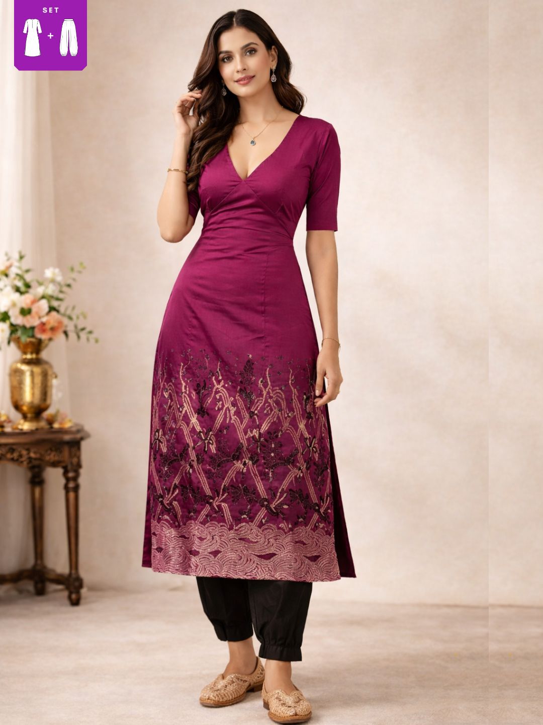 Cotton Zari Jacquard  Kurta with Back Cut-out and Tie-Up Paired with Pathani Pants