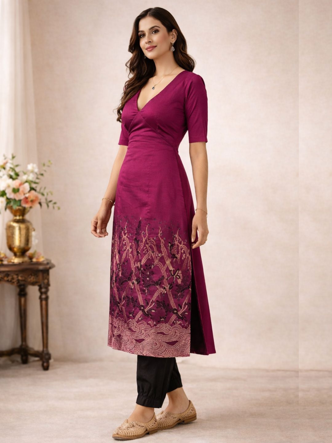 Cotton Zari Jacquard  Kurta with Back Cut-out and Tie-Up Paired with Pathani Pants