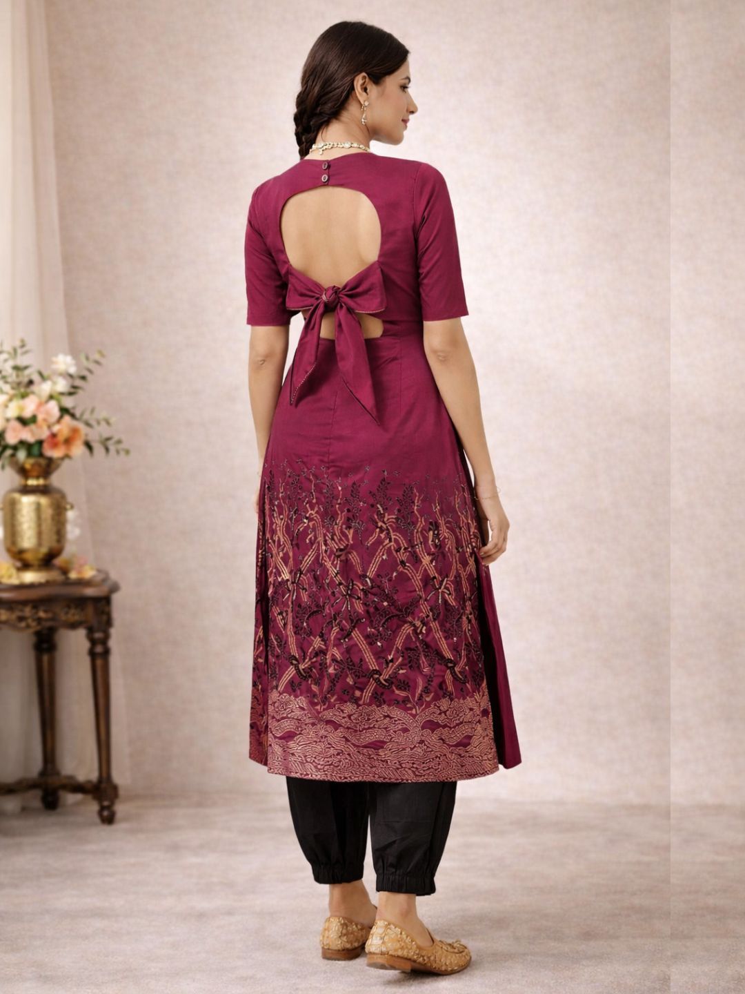 Cotton Zari Jacquard  Kurta with Back Cut-out and Tie-Up Paired with Pathani Pants