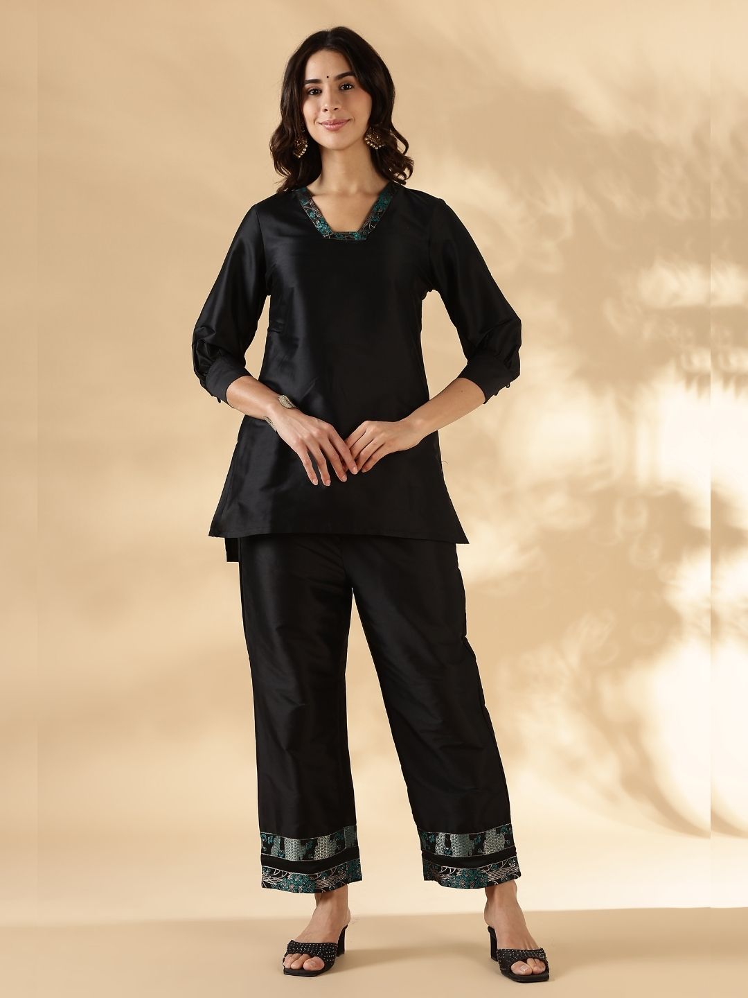 High-low kurta with broad straight pants with brocade details