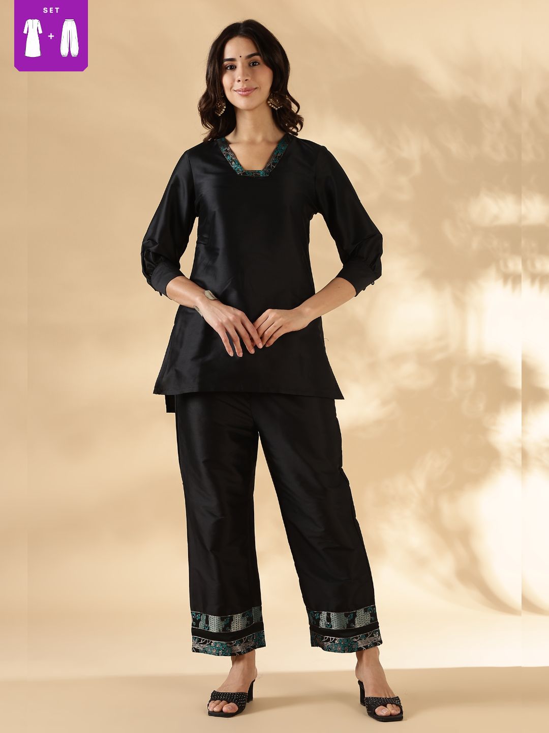 High-low kurta with broad straight pants with brocade details