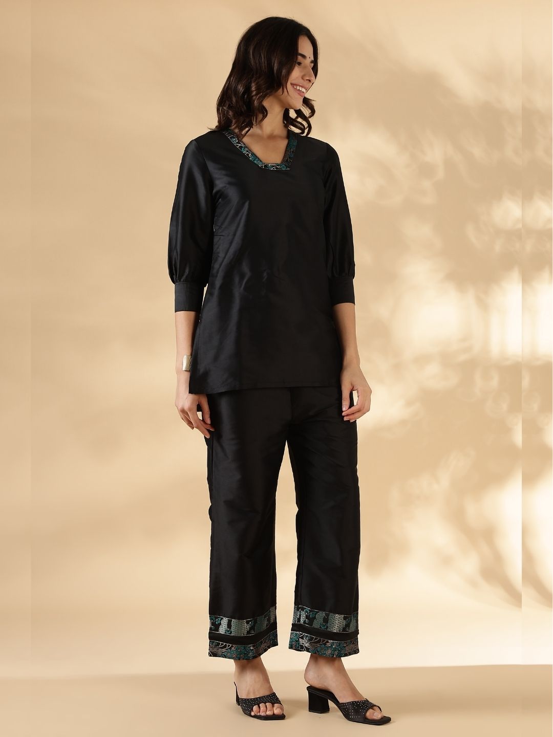 High-low kurta with broad straight pants with brocade details