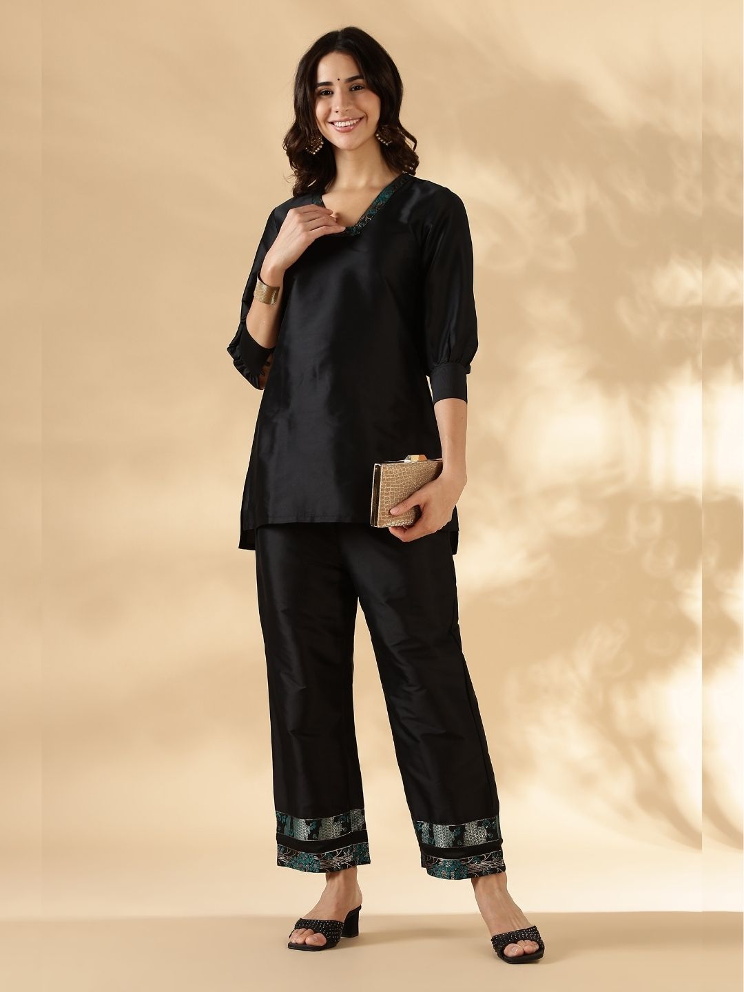High-low kurta with broad straight pants with brocade details