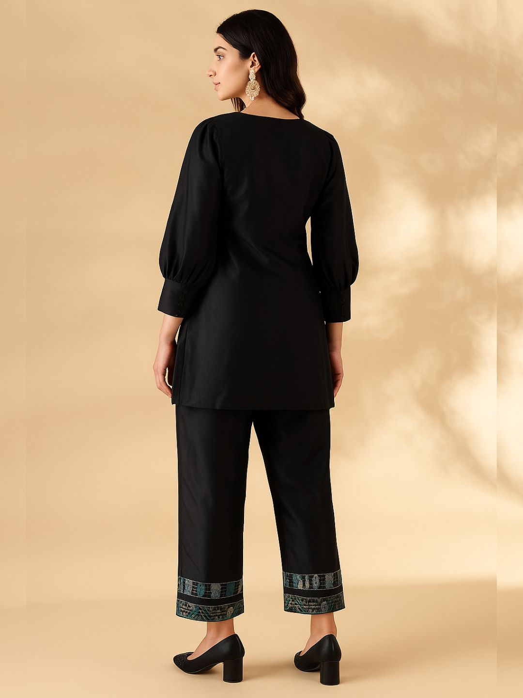 High-low kurta with broad straight pants with brocade details