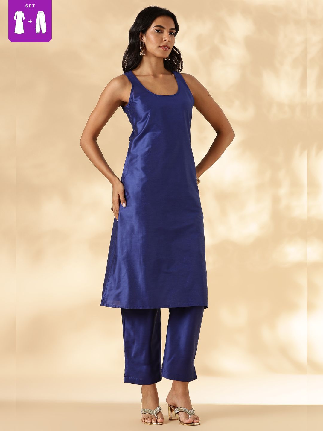 Solid Blue Sleeveless Kurta Pant Set