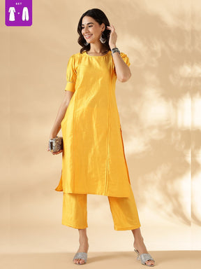 Bright yellow solid round neck  kurta pant set with short puff sleeves