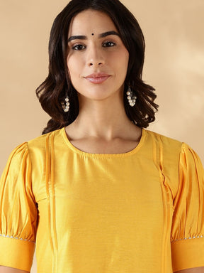 Bright yellow solid round neck  kurta pant set with short puff sleeves