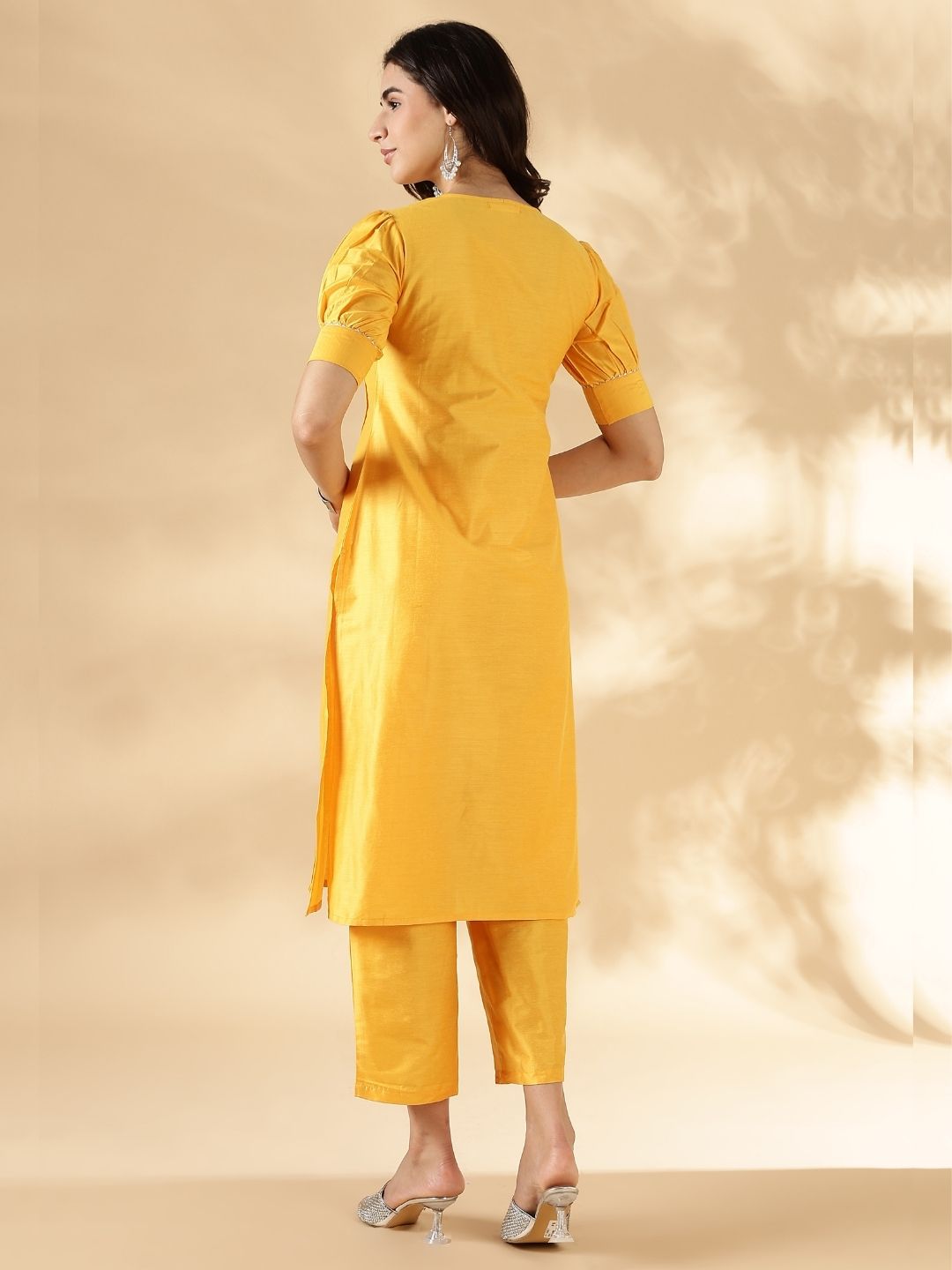 Bright yellow solid round neck  kurta pant set with short puff sleeves