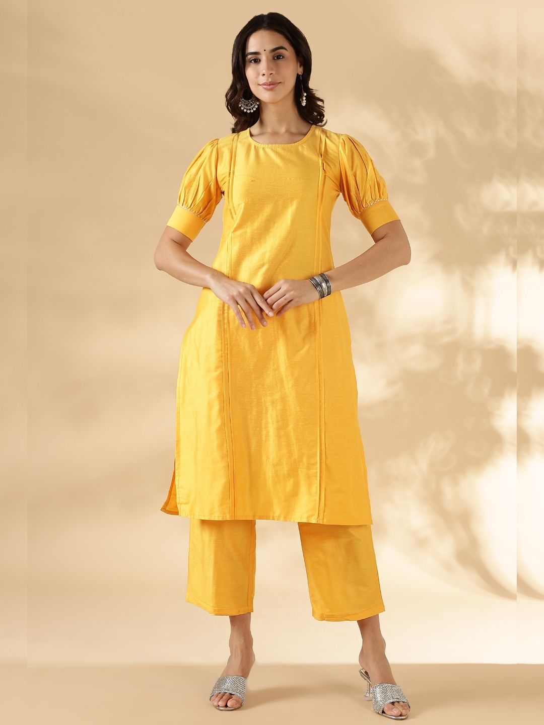 Bright yellow solid round neck  kurta pant set with short puff sleeves