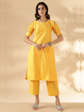 Bright yellow solid round neck  kurta pant set with short puff sleeves