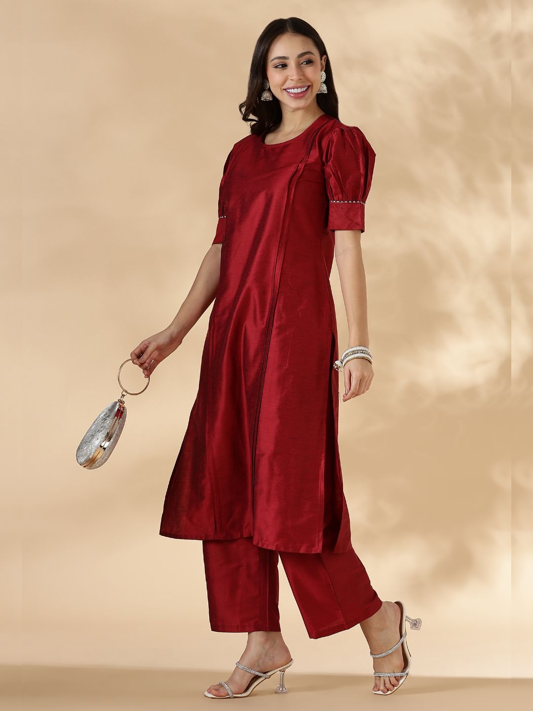 Red Solid Round Neck Kurta Pant Set With Short Puff Sleeves