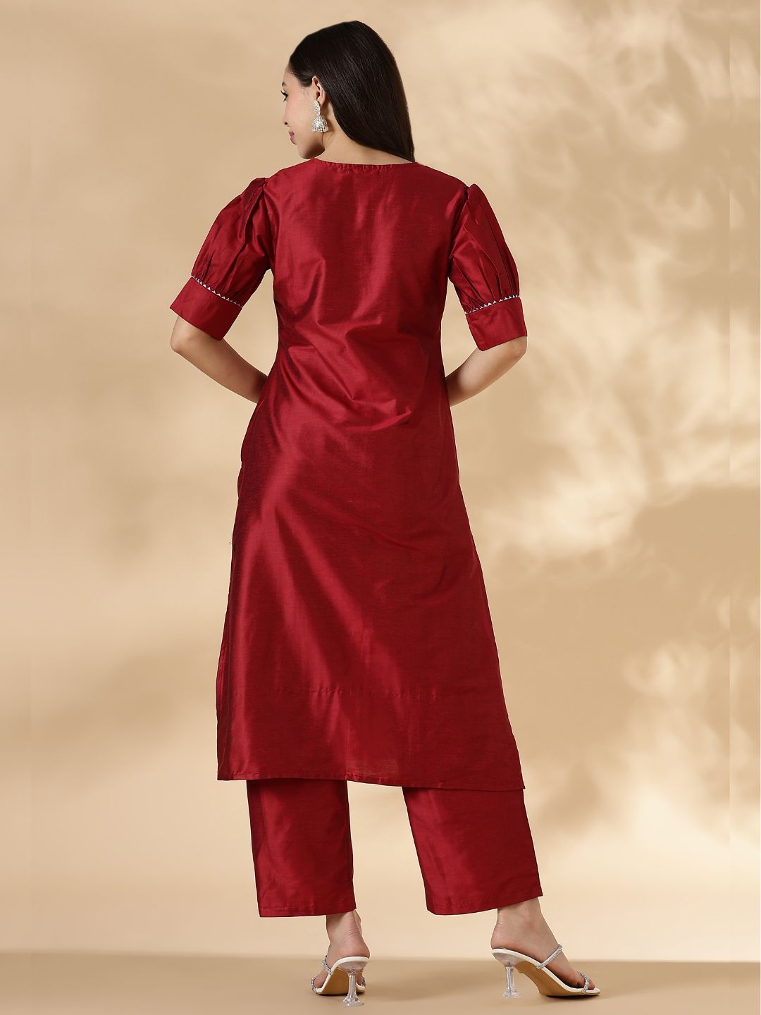 Red Solid Round Neck Kurta Pant Set With Short Puff Sleeves