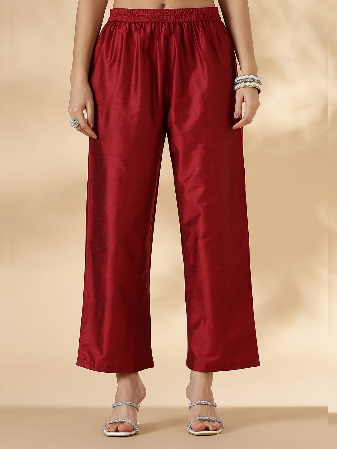Red Solid Round Neck Kurta Pant Set With Short Puff Sleeves