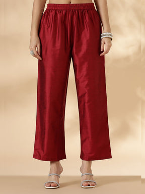 Red Solid Round Neck Kurta Pant Set With Short Puff Sleeves