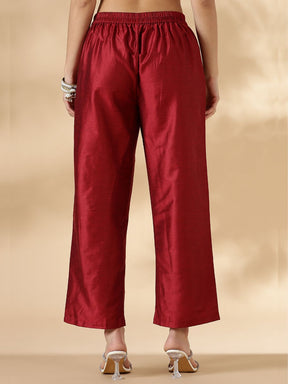 Red Solid Round Neck Kurta Pant Set With Short Puff Sleeves