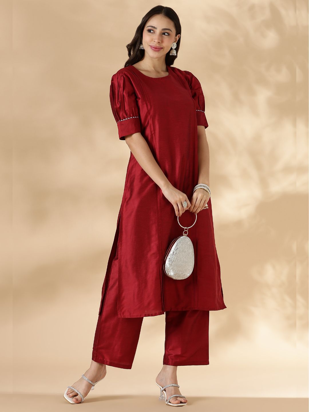Red Solid Round Neck Kurta Pant Set With Short Puff Sleeves