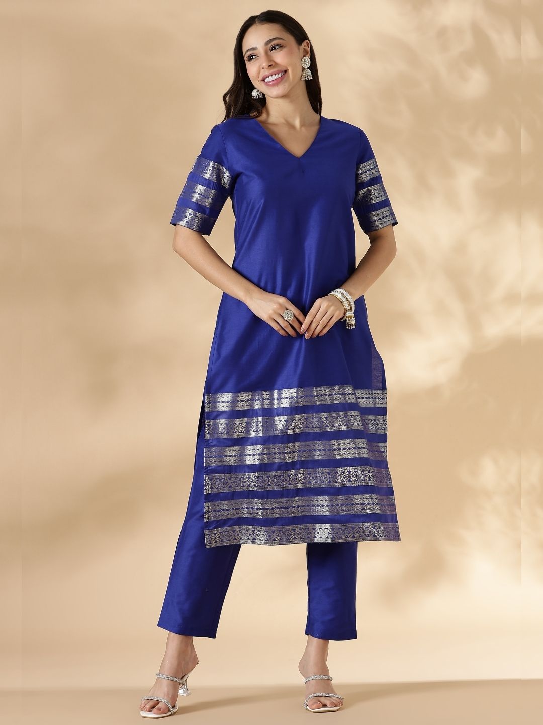 Blue Kurta Pant Set with Brocade Detail