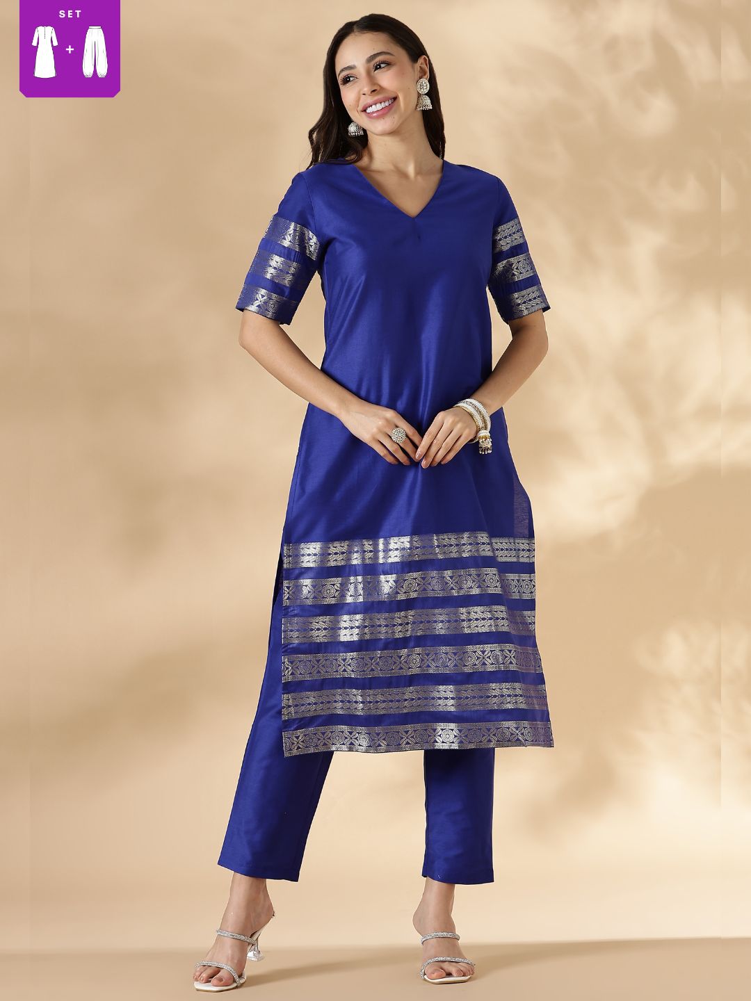 Blue Kurta Pant Set with Brocade Detail