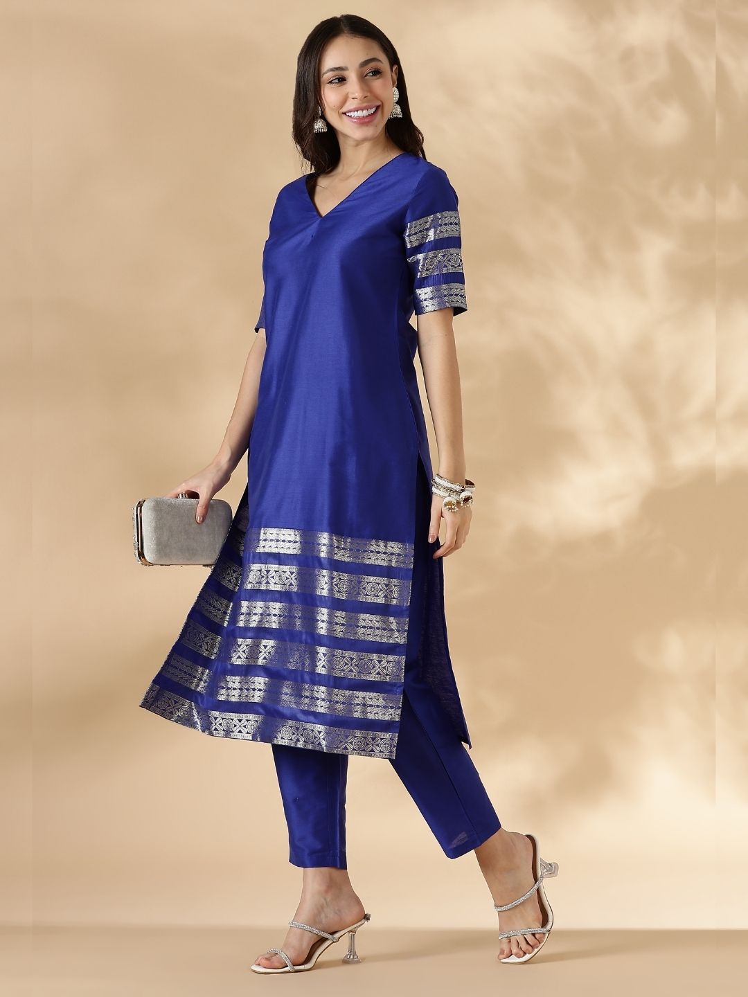 Blue Kurta Pant Set with Brocade Detail
