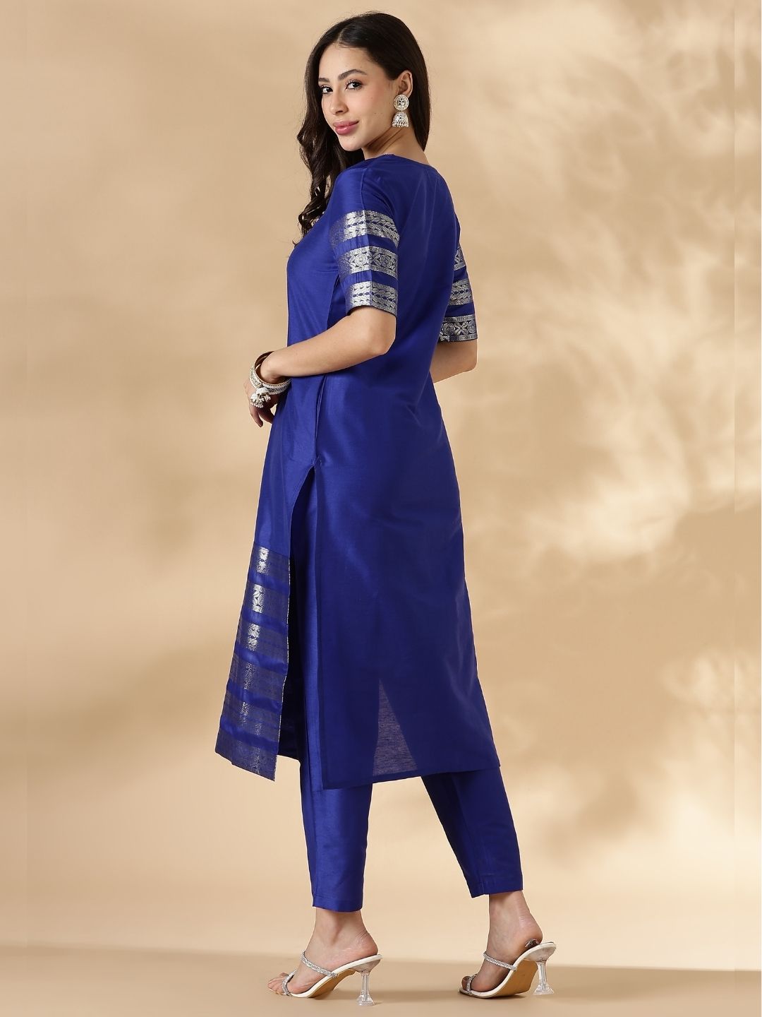 Blue Kurta Pant Set with Brocade Detail