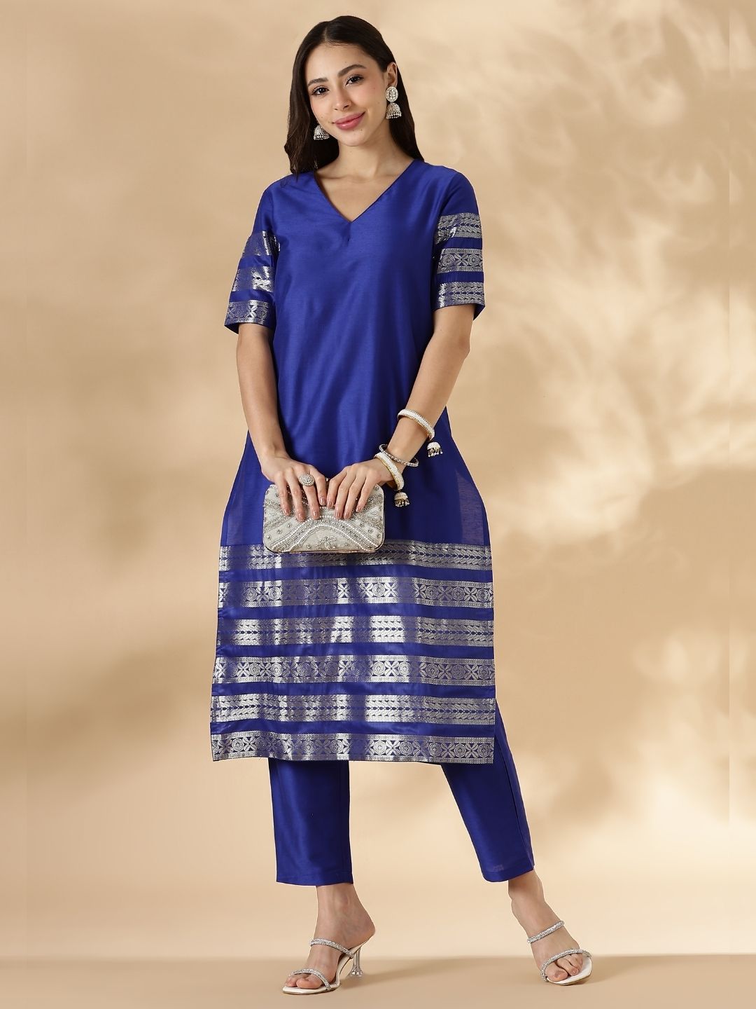 Blue Kurta Pant Set with Brocade Detail