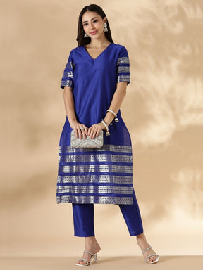 Blue Kurta Pant Set with Brocade Detail