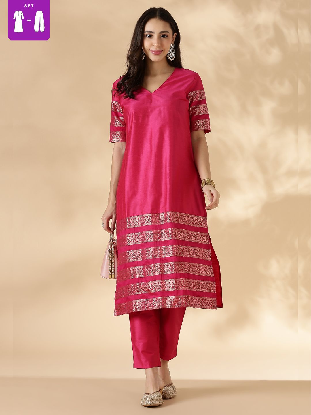 Pink Kurta Pant set with Brocade Detail