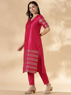 Pink Kurta Pant set with Brocade Detail