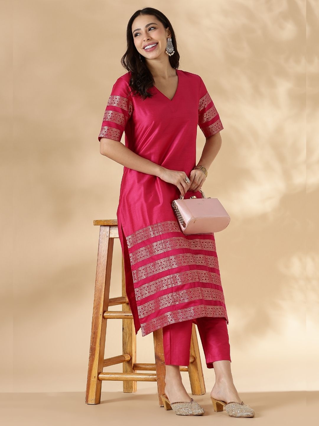 Pink Kurta Pant set with Brocade Detail