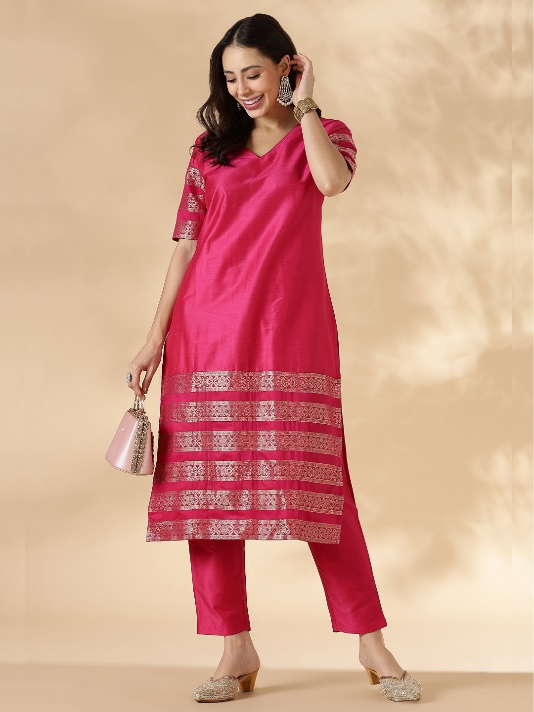 Pink Kurta Pant set with Brocade Detail