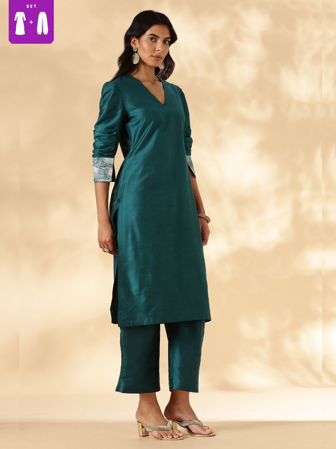 Teal Ruched-Sleeve Kurta Pant set