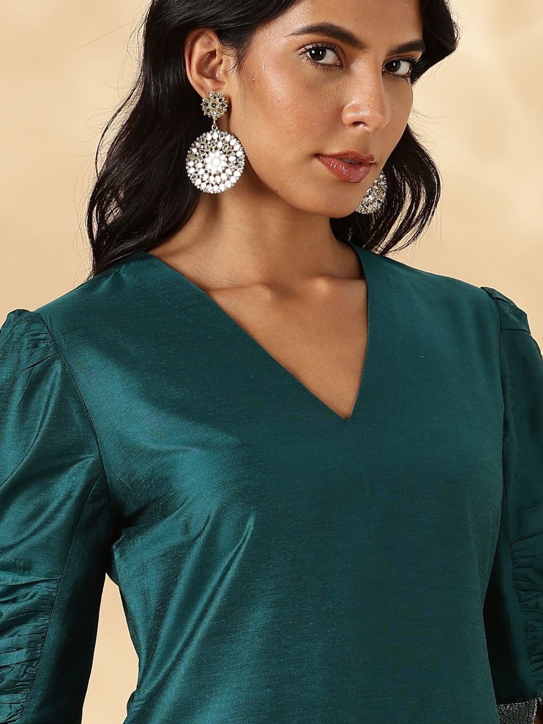 Teal Ruched-Sleeve Kurta Pant set