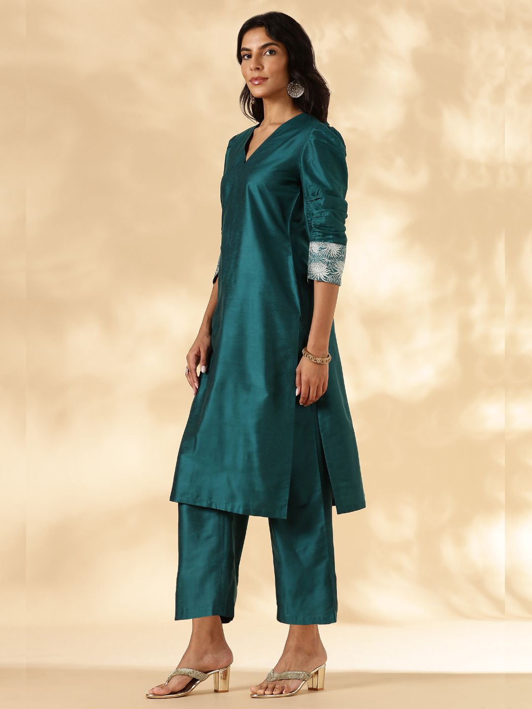 Teal Ruched-Sleeve Kurta Pant set