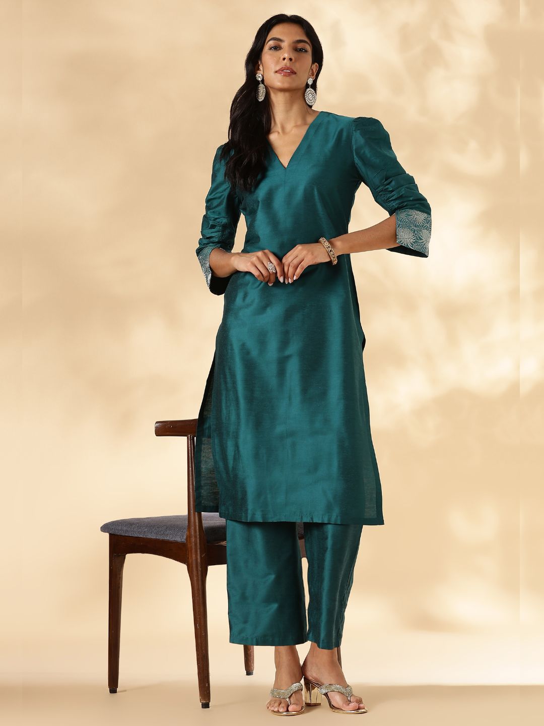 Teal Ruched-Sleeve Kurta Pant set