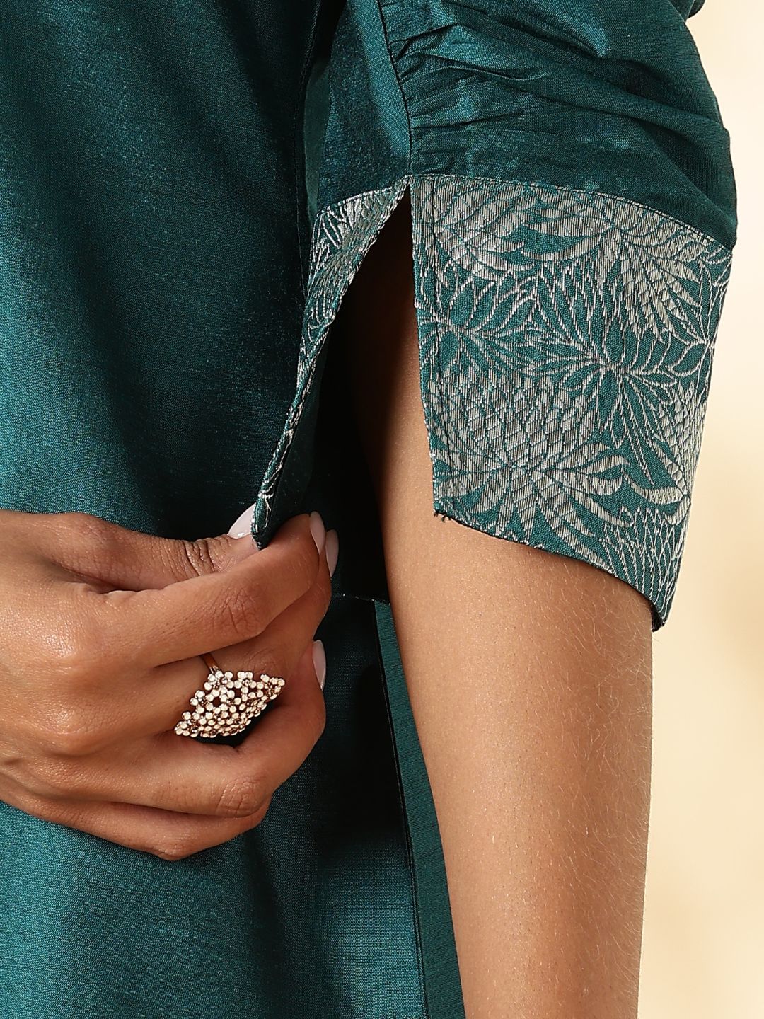Teal Ruched-Sleeve Kurta Pant set